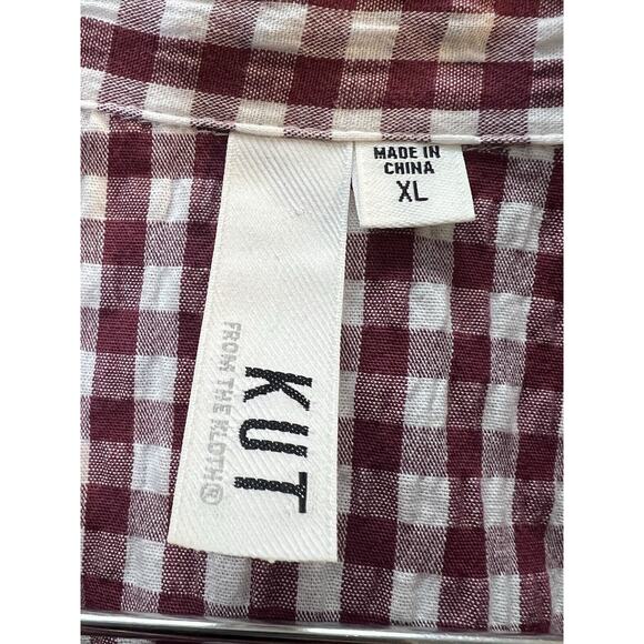 Kut From The Kloth Women's Size XL Burgundy Gingham Plaid Button-Up V Neck Long - Picture 3 of 9